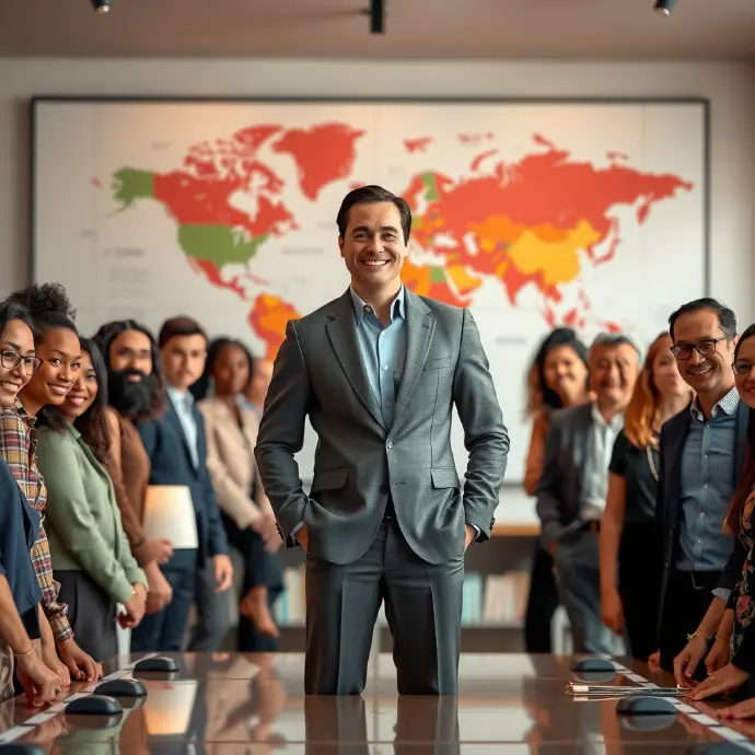 A photo of a confident leader in a diverse boardroom setting